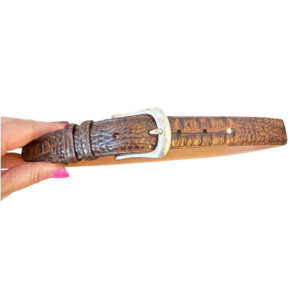 Brahmin Womens Brown Crocodile Embossed Leather Belt Silver Buckle Made in USA S